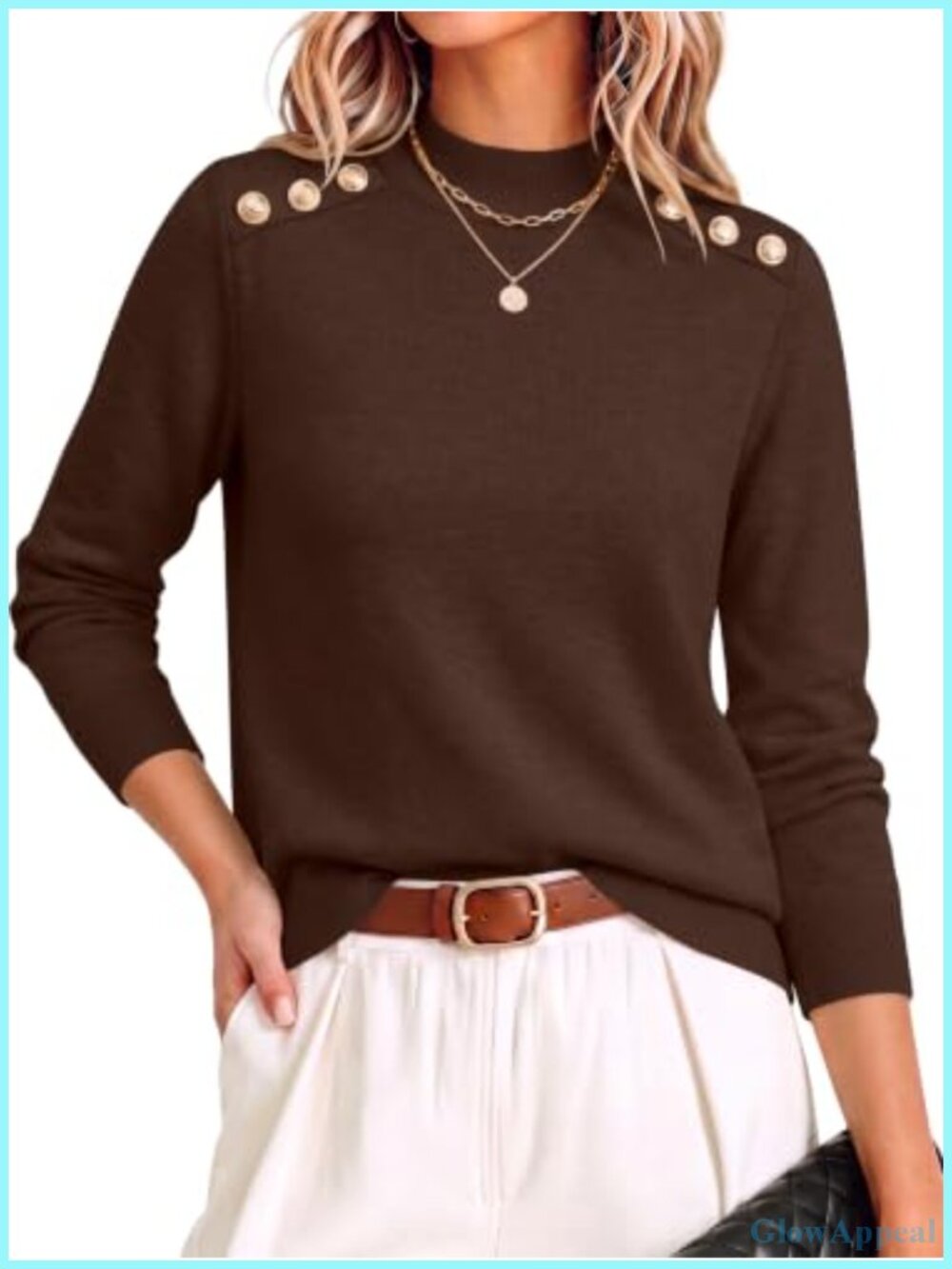 Women's Long Sleeve Mock Neck Ribbed Knit Pullover Sweater with Button Shoulder